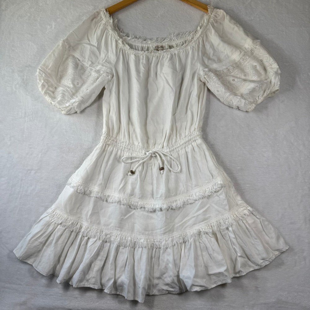 Ramy Brook White Off Shoulder Eyelet Puff Sleeve Tiered Mini Dress XS‎ Boho